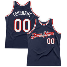 Load image into Gallery viewer, Custom Navy White-Red Authentic Throwback Basketball Jersey
