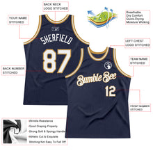 Load image into Gallery viewer, Custom Navy White-Old Gold Authentic Throwback Basketball Jersey
