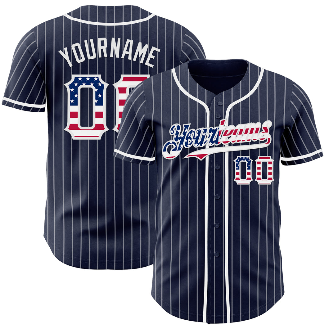 Custom Navy White Pinstripe USA Flag Authentic Baseball Jersey