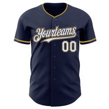 Load image into Gallery viewer, Custom Navy White Old Gold Authentic Baseball Jersey

