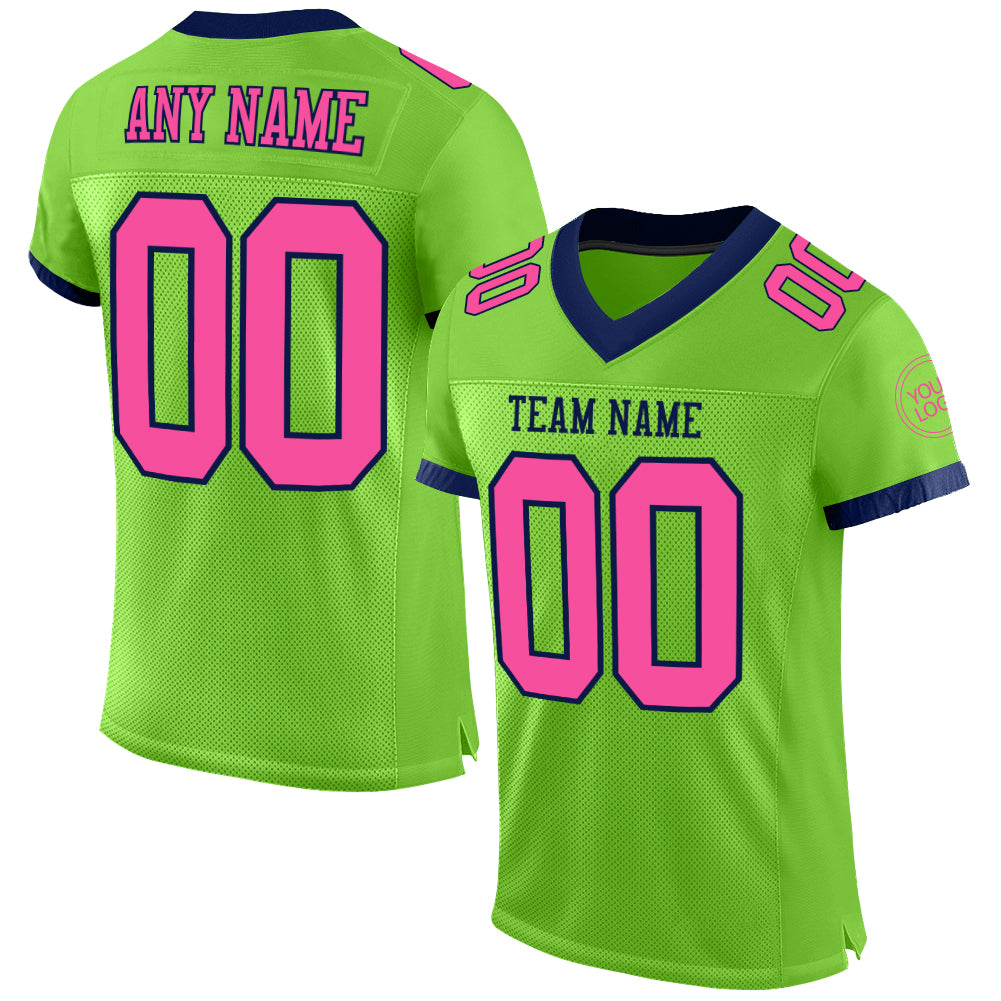 Custom Neon Green Pink-Navy Mesh Authentic Football Jersey