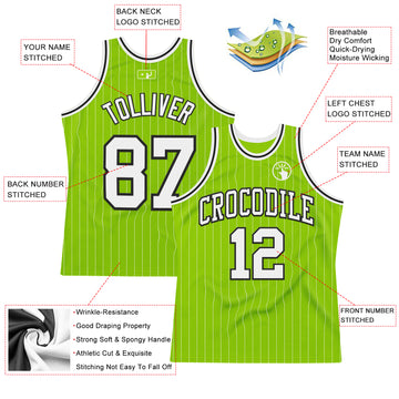Custom Neon Green White Pinstripe Black Authentic  Basketball Jersey