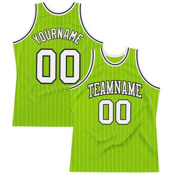 Custom Neon Green White Pinstripe Black Authentic  Basketball Jersey