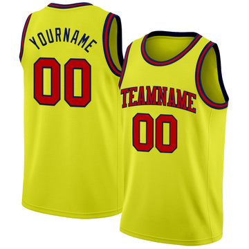 Custom Neon Yellow Red-Navy Authentic Basketball Jerse