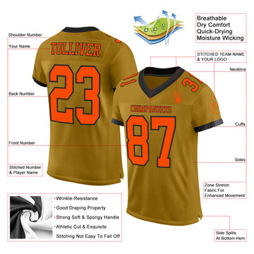 Custom Old Gold Orange-Black Mesh Authentic Football Jersey