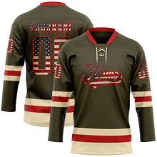 Load image into Gallery viewer, Custom Olive Vintage USA Flag Red-Cream Salute To Service Hockey Lace Neck Jersey
