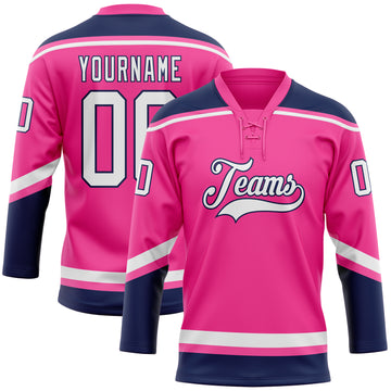 Custom Pink White-Navy Hockey Lace Neck Jersey