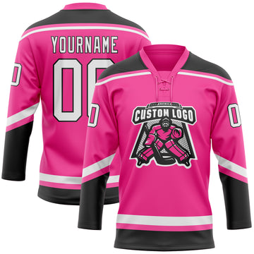 Custom Pink White-Black Hockey Lace Neck Jersey