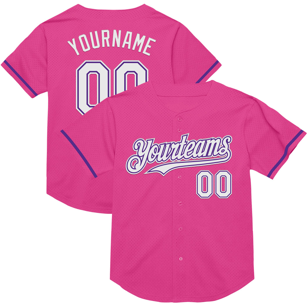 Custom Pink White-Purple Mesh Authentic Throwback Baseball Jersey