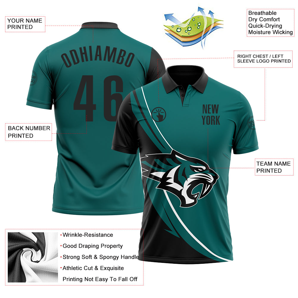 Custom Pattern Polo Custom Teal Black-White 3D Pattern Design Animal Tiger Performance Polo ...