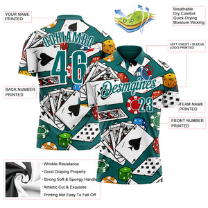 Custom Teal White 3D Gambling Poker Performance Polo Shirt