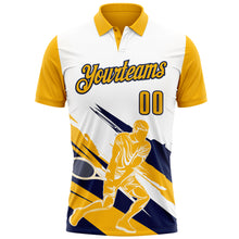 Load image into Gallery viewer, Custom White Gold-Navy 3D Tennis Performance Polo Shirt
