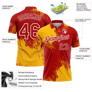 Custom Gold Red-White 3D Pattern Design Abstract Brush Stroke Performance Polo Shirt