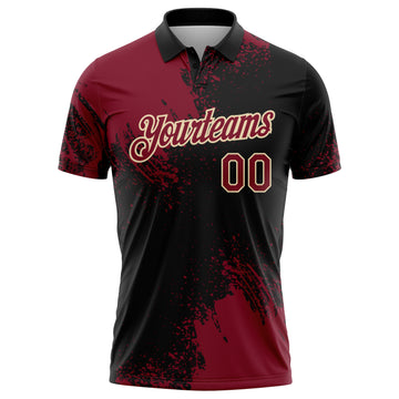 Custom Crimson Black-Cream 3D Pattern Design Abstract Brush Stroke Performance Polo Shirt