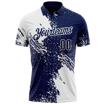 Custom White Navy 3D Pattern Design Abstract Brush Stroke Performance Polo Shirt