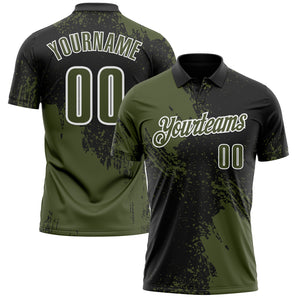 Custom Olive Black-White 3D Pattern Design Abstract Brush Stroke Performance Polo Shirt