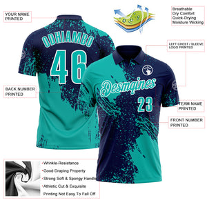 Custom Aqua Navy-White 3D Pattern Design Abstract Brush Stroke Performance Polo Shirt