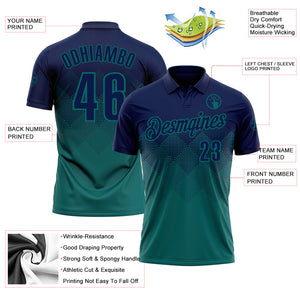 Custom Navy Teal 3D Gradient Square Shape Performance Polo Shirt