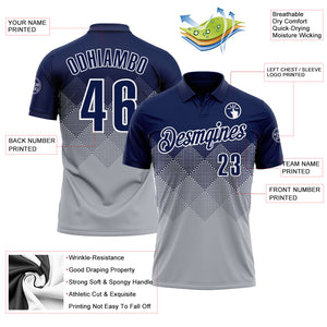 Custom Navy Gray-White 3D Gradient Square Shape Performance Polo Shirt