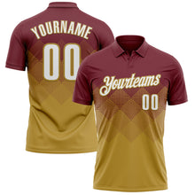 Load image into Gallery viewer, Custom Burgundy White-Old Gold 3D Gradient Square Shape Performance Polo Shirt
