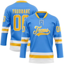Load image into Gallery viewer, Custom Sky Blue Gold-White Hockey Lace Neck Jersey
