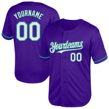 Load image into Gallery viewer, Custom Purple White-Teal Mesh Authentic Throwback Baseball Jersey
