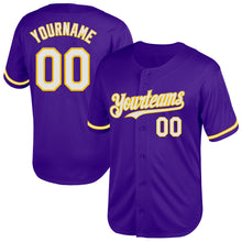 Load image into Gallery viewer, Custom Purple White-Yellow Mesh Authentic Throwback Baseball Jersey
