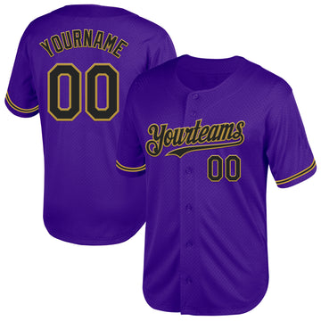 Custom Purple Black-Old Gold Mesh Authentic Throwback Baseball Jersey