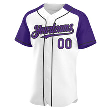 Load image into Gallery viewer, Custom White Purple-Black Authentic Raglan Sleeves Baseball Jersey
