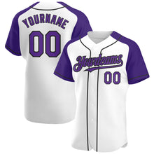 Load image into Gallery viewer, Custom White Purple-Black Authentic Raglan Sleeves Baseball Jersey
