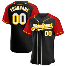 Load image into Gallery viewer, Custom Black White Red-Yellow Authentic Raglan Sleeves Baseball Jersey
