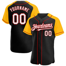 Load image into Gallery viewer, Custom Black White Gold-Red Authentic Raglan Sleeves Baseball Jersey

