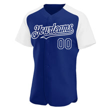 Load image into Gallery viewer, Custom Royal White Authentic Raglan Sleeves Baseball Jersey
