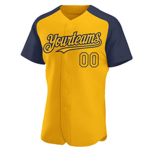 Load image into Gallery viewer, Custom Gold Navy Authentic Raglan Sleeves Baseball Jersey
