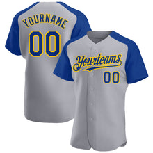 Load image into Gallery viewer, Custom Gray Royal-Yellow Authentic Raglan Sleeves Baseball Jersey
