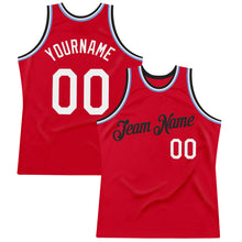 Load image into Gallery viewer, Custom Red Black-Light Blue Authentic Throwback Basketball Jersey
