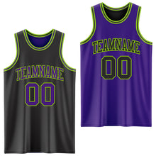 Load image into Gallery viewer, Custom Reversible Black Purple-Neon Green Double Side Sublimation Basketball Suit Jersey
