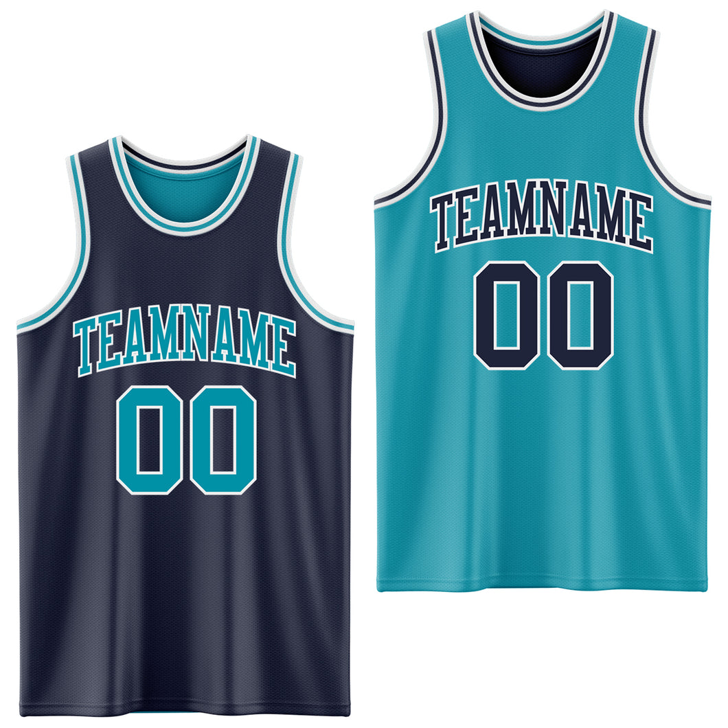 Custom Navy Teal-White Reversible Double Side Sublimation Basketball Suit Jersey