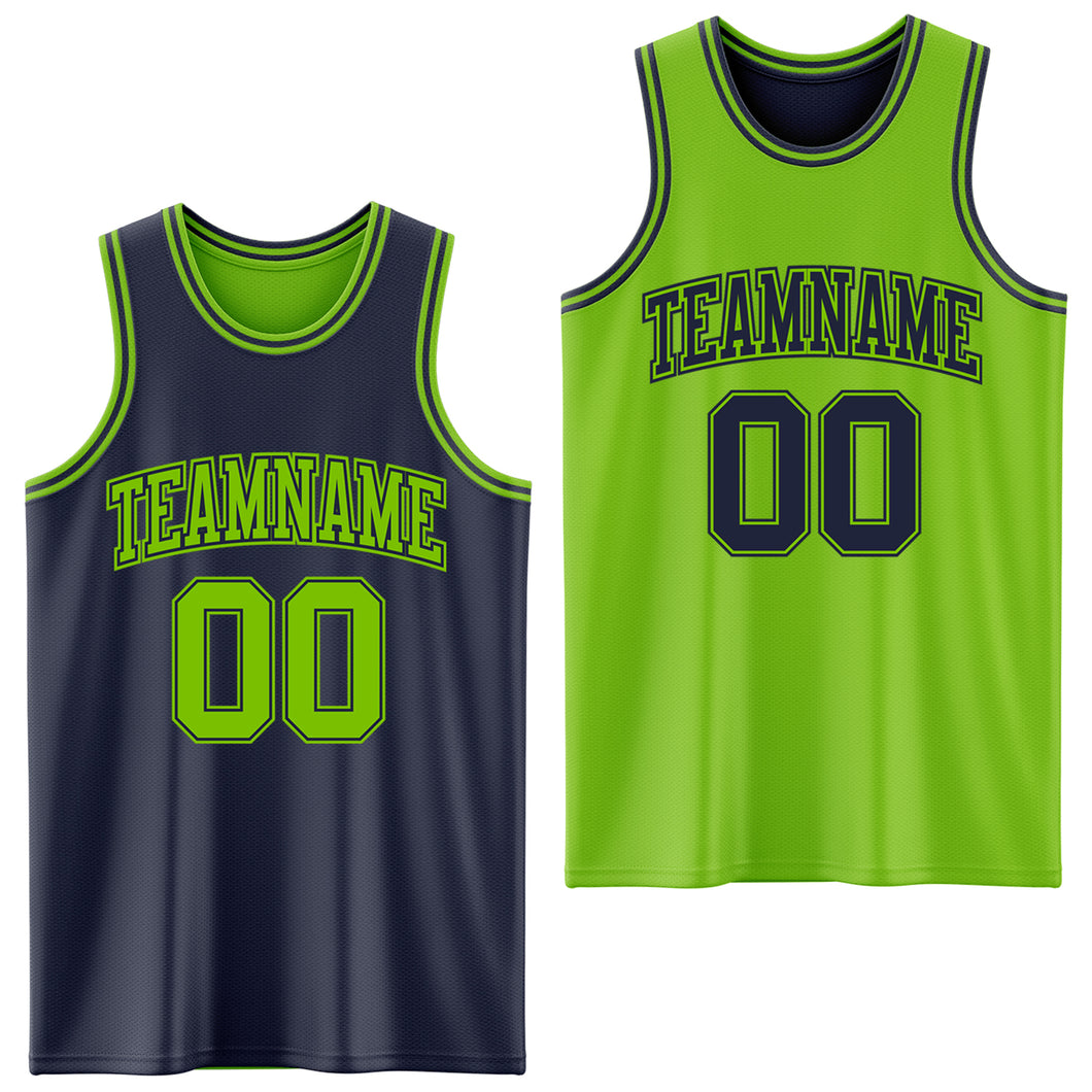 Custom Navy Neon Green Reversible Double Side Sublimation Basketball Suit Jersey