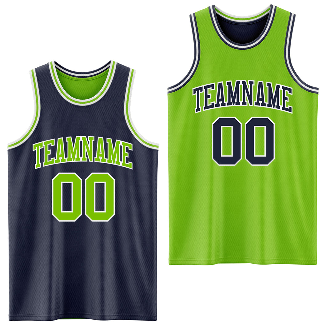 Custom Navy Neon Green-White Reversible Double Side Sublimation Basketball Suit Jersey