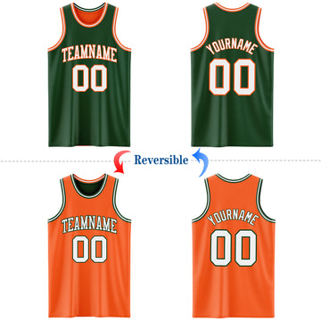 Custom Reversible Green White-Orange Double Side Basketball Jersey