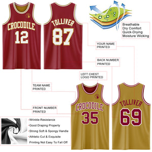 Custom Reversible Maroon White-Old Gold Double Side Sublimation Basketball Suit Jersey