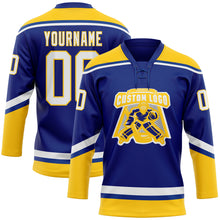 Load image into Gallery viewer, Custom Royal White-Yellow Hockey Lace Neck Jersey
