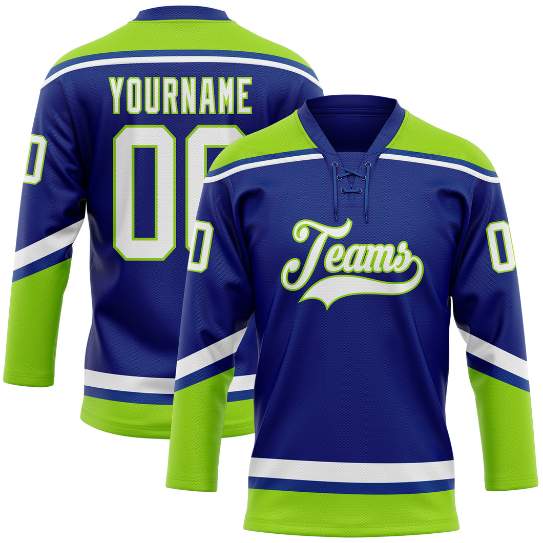 Custom Royal White-Neon Green Hockey Lace Neck Jersey