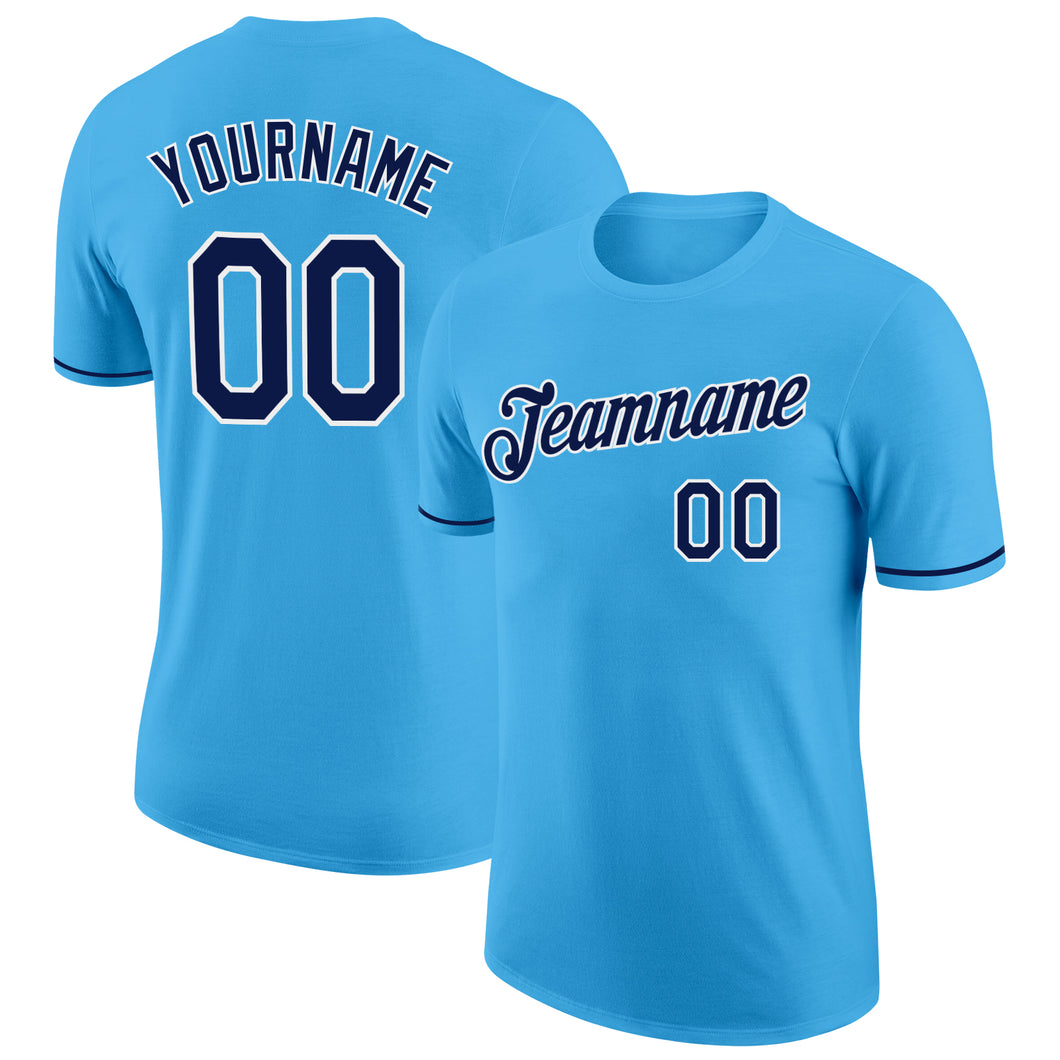 Custom Sky Blue Navy-White Performance T-Shirt