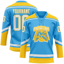 Load image into Gallery viewer, Custom Sky Blue White-Yellow Hockey Lace Neck Jersey
