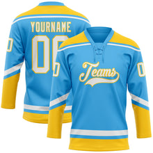 Load image into Gallery viewer, Custom Sky Blue White-Yellow Hockey Lace Neck Jersey
