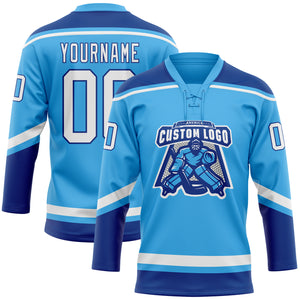 Custom Sky Blue White-Royal Hockey Lace Neck Jersey