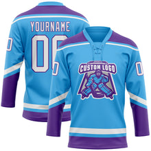 Load image into Gallery viewer, Custom Sky Blue White-Purple Hockey Lace Neck Jersey

