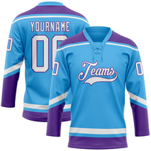 Load image into Gallery viewer, Custom Sky Blue White-Purple Hockey Lace Neck Jersey
